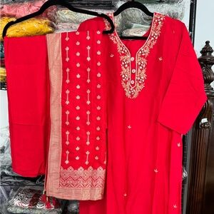 Red Embroidered Kurta Set